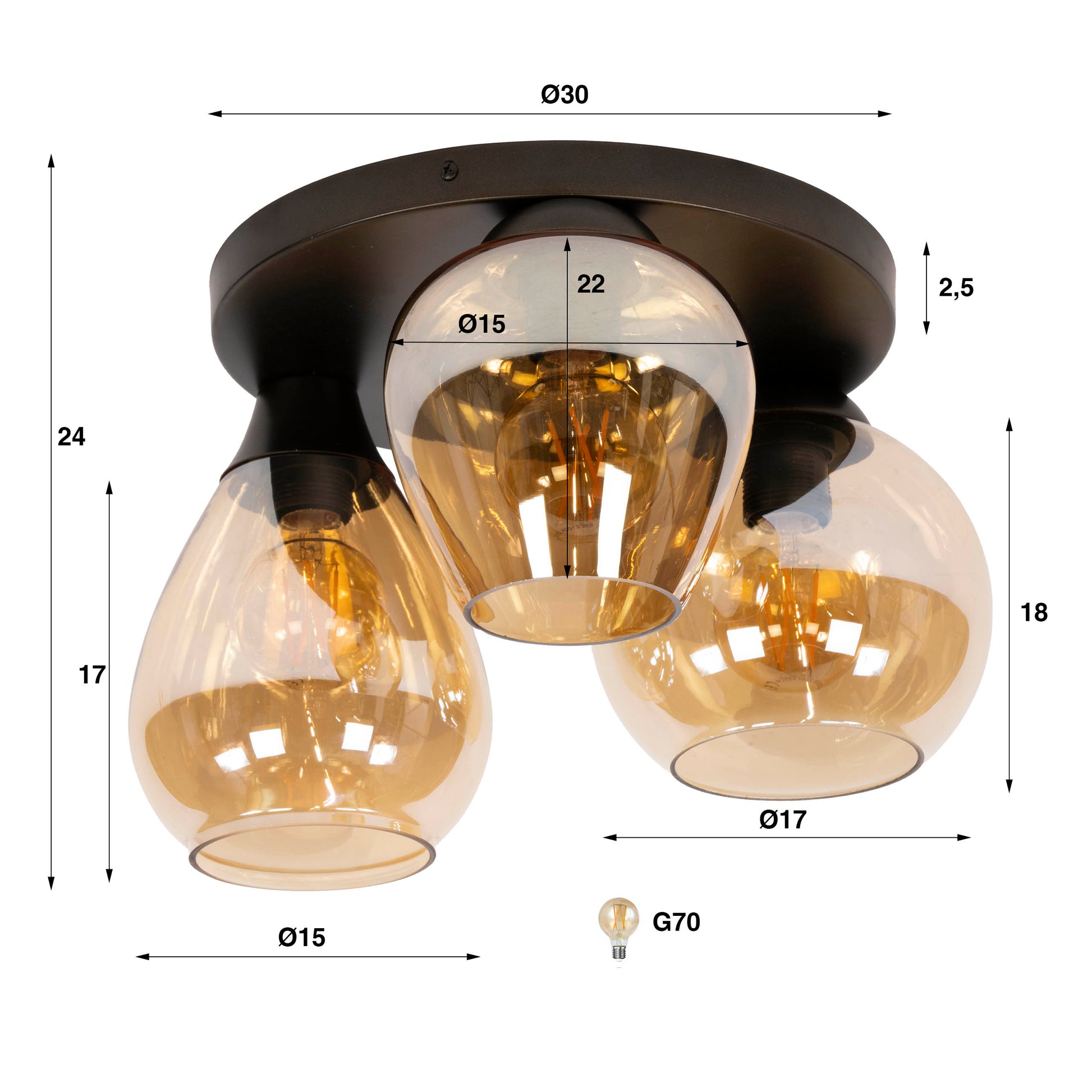 Plafondlamp Mix 3-lichts / Amber glas – afbeelding 4