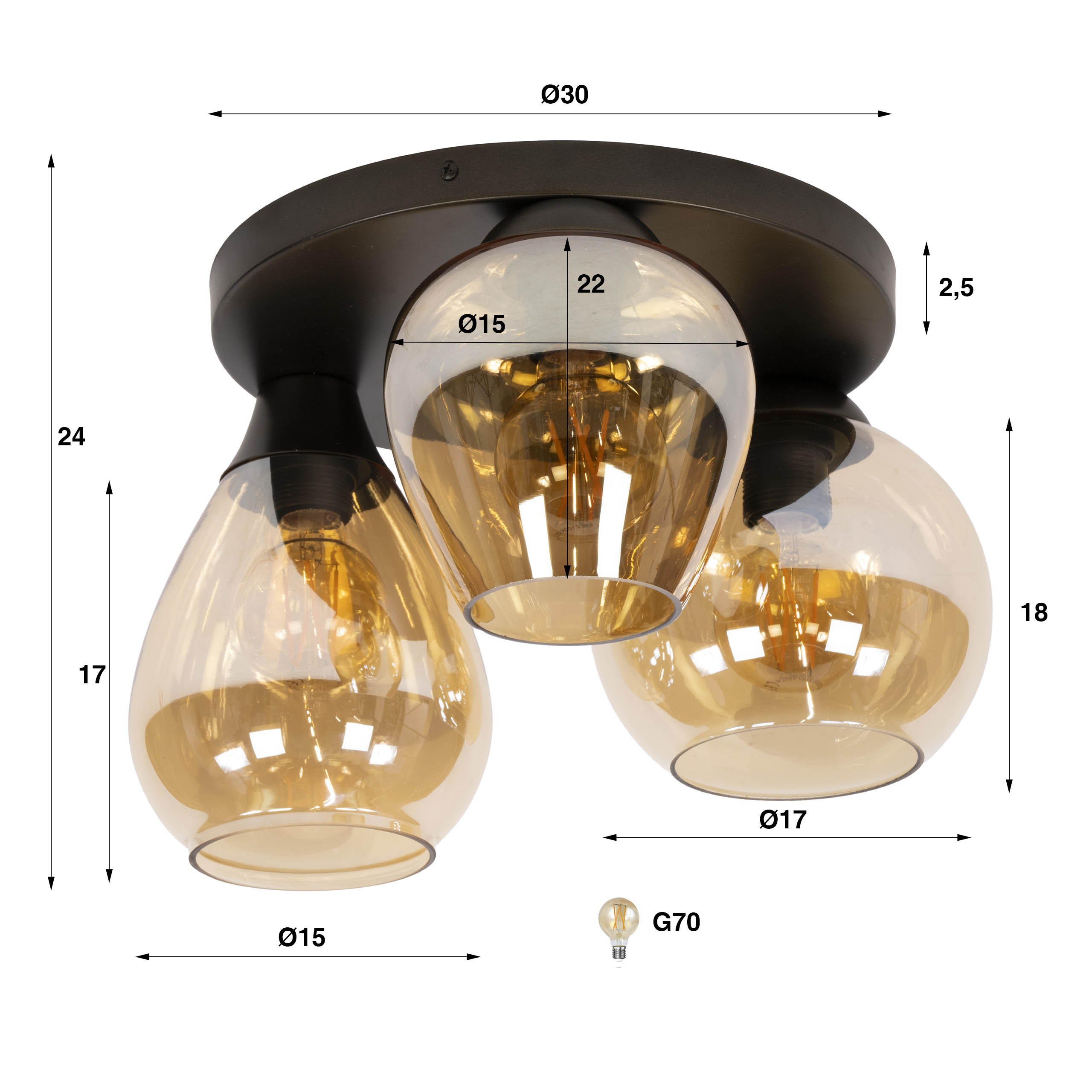 Plafondlamp Mix 3-lichts / Amber glas – afbeelding 4