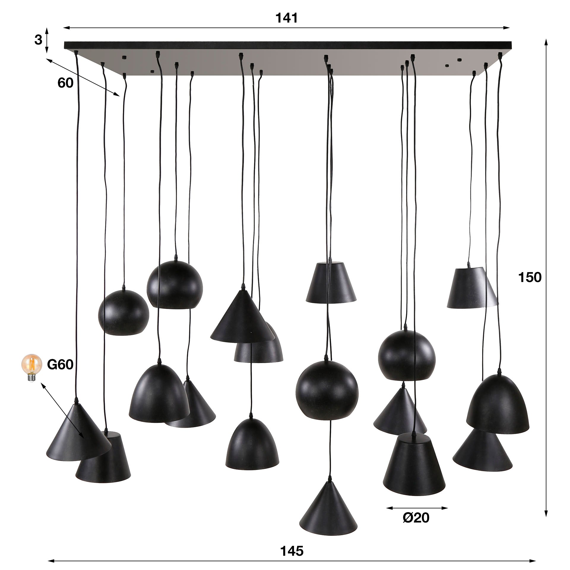 Hanglamp Metal XXL 6+6+6-lichts / Artic zwart – afbeelding 6