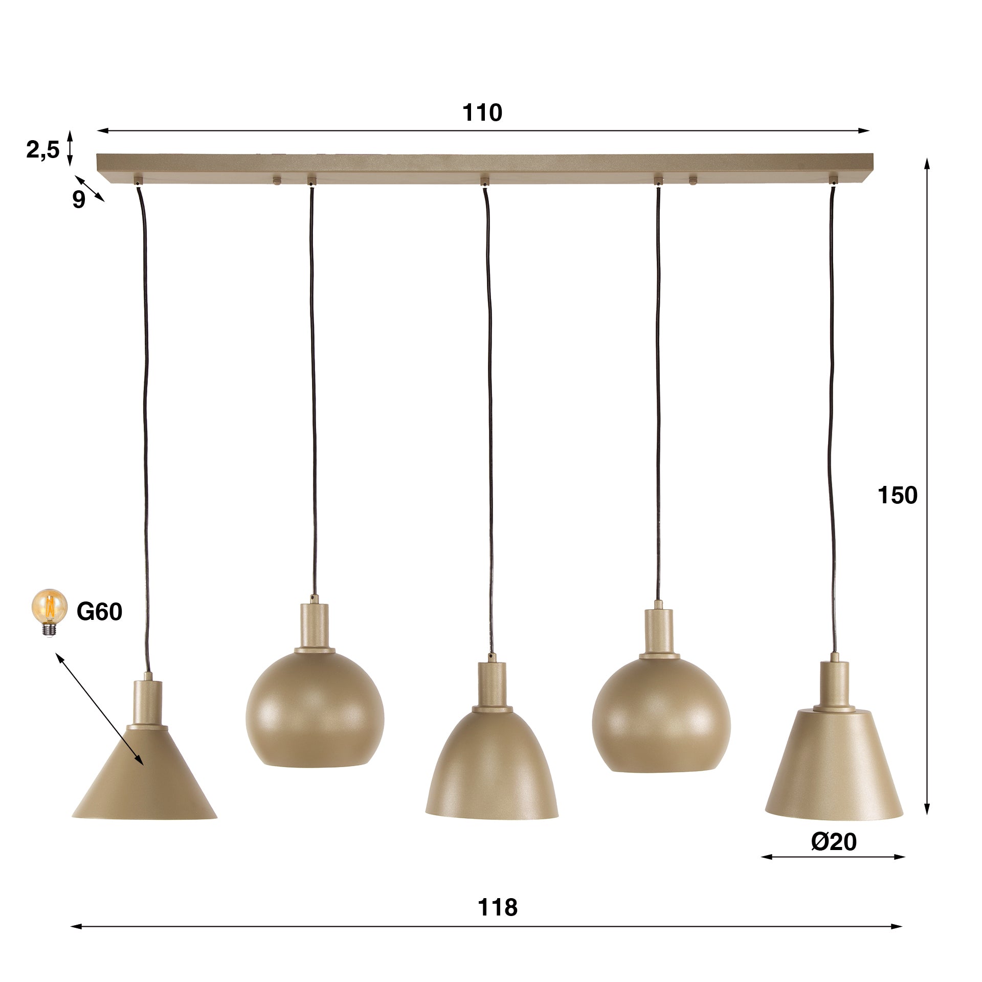 Hanglamp Metallo 5-lichts / Beige – afbeelding 5