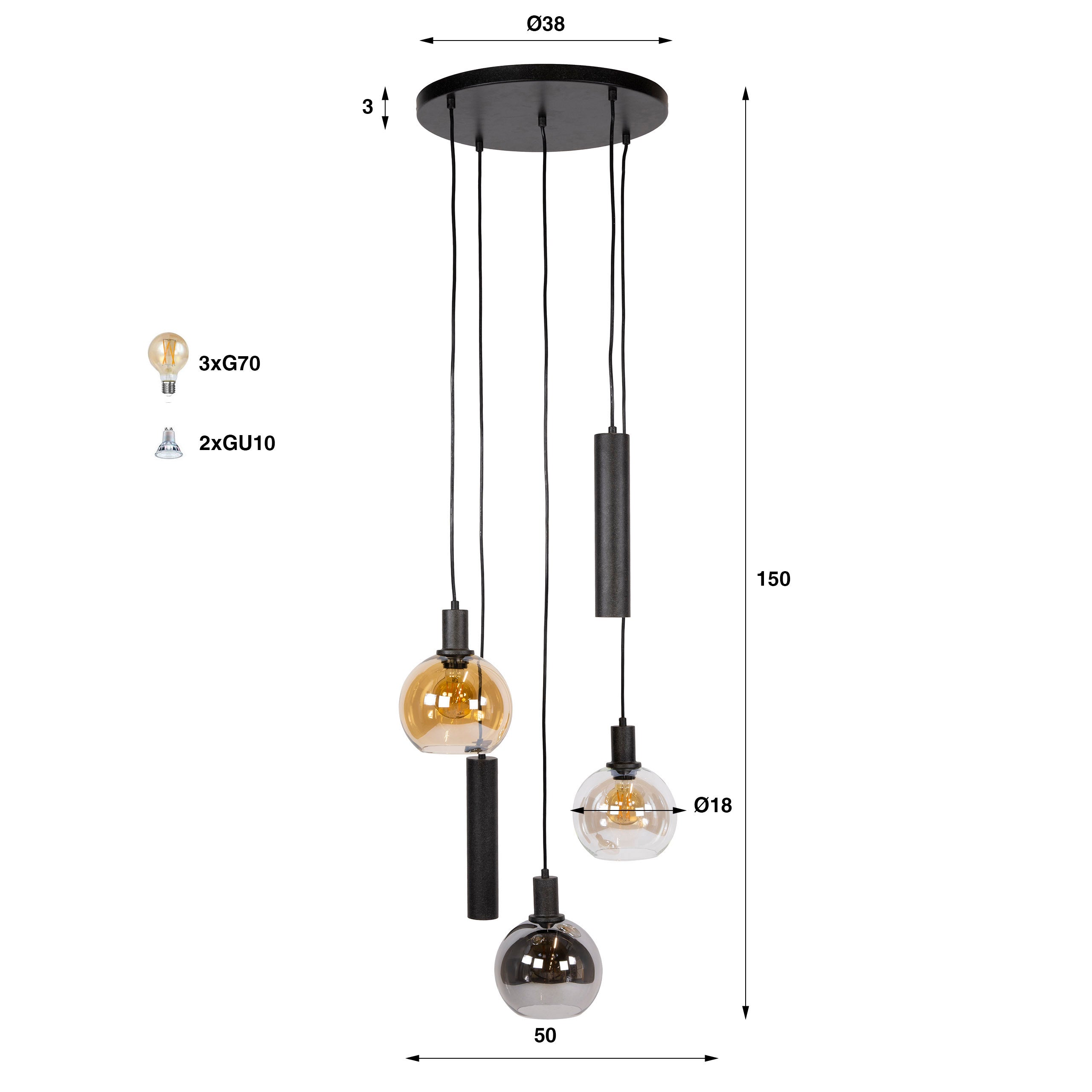 Hanglamp Sfera Tricolore getrapt 5-lichts / Artic zwart – afbeelding 10
