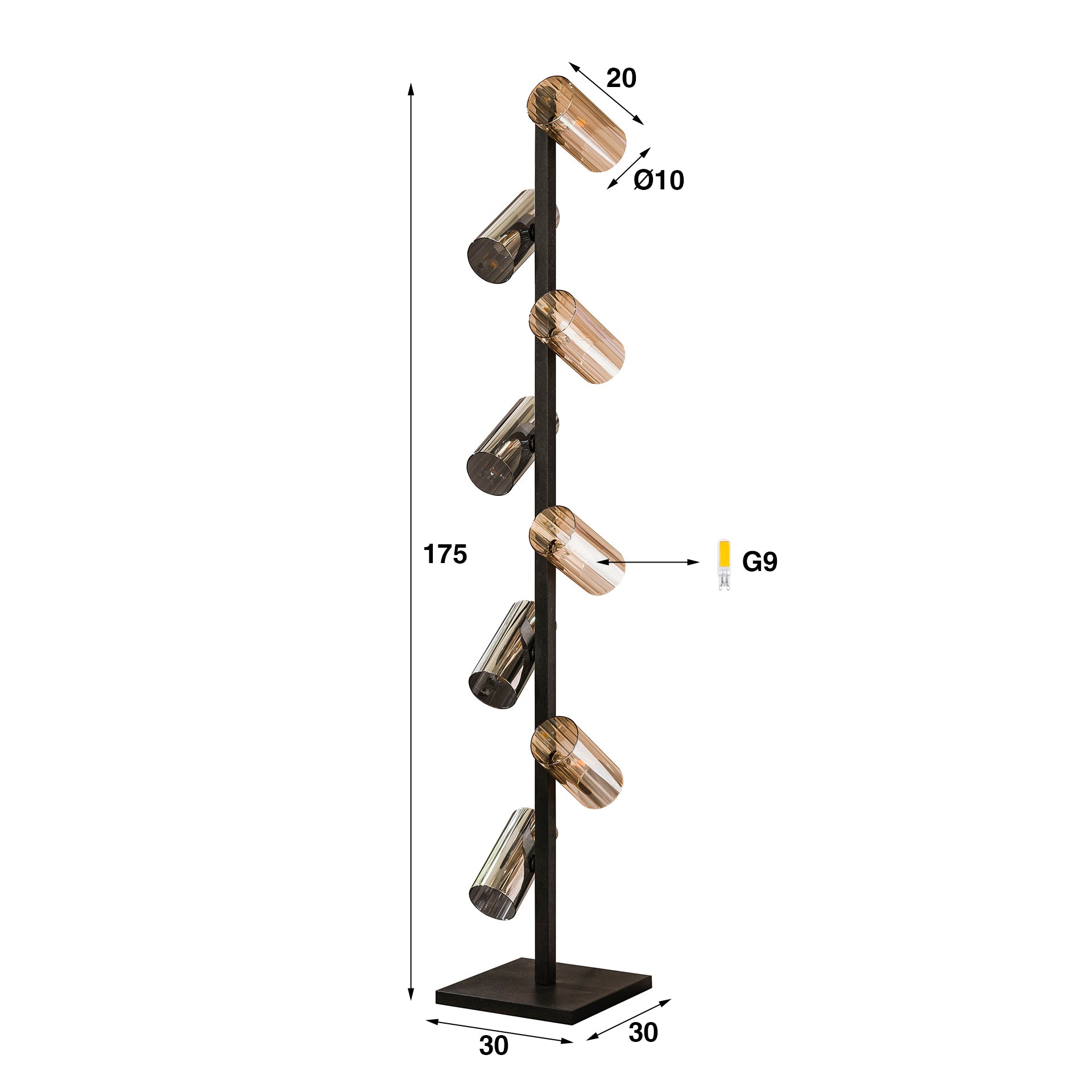 Vloerlamp Cylinder Glass 8-lichts / Artic zwart – afbeelding 5