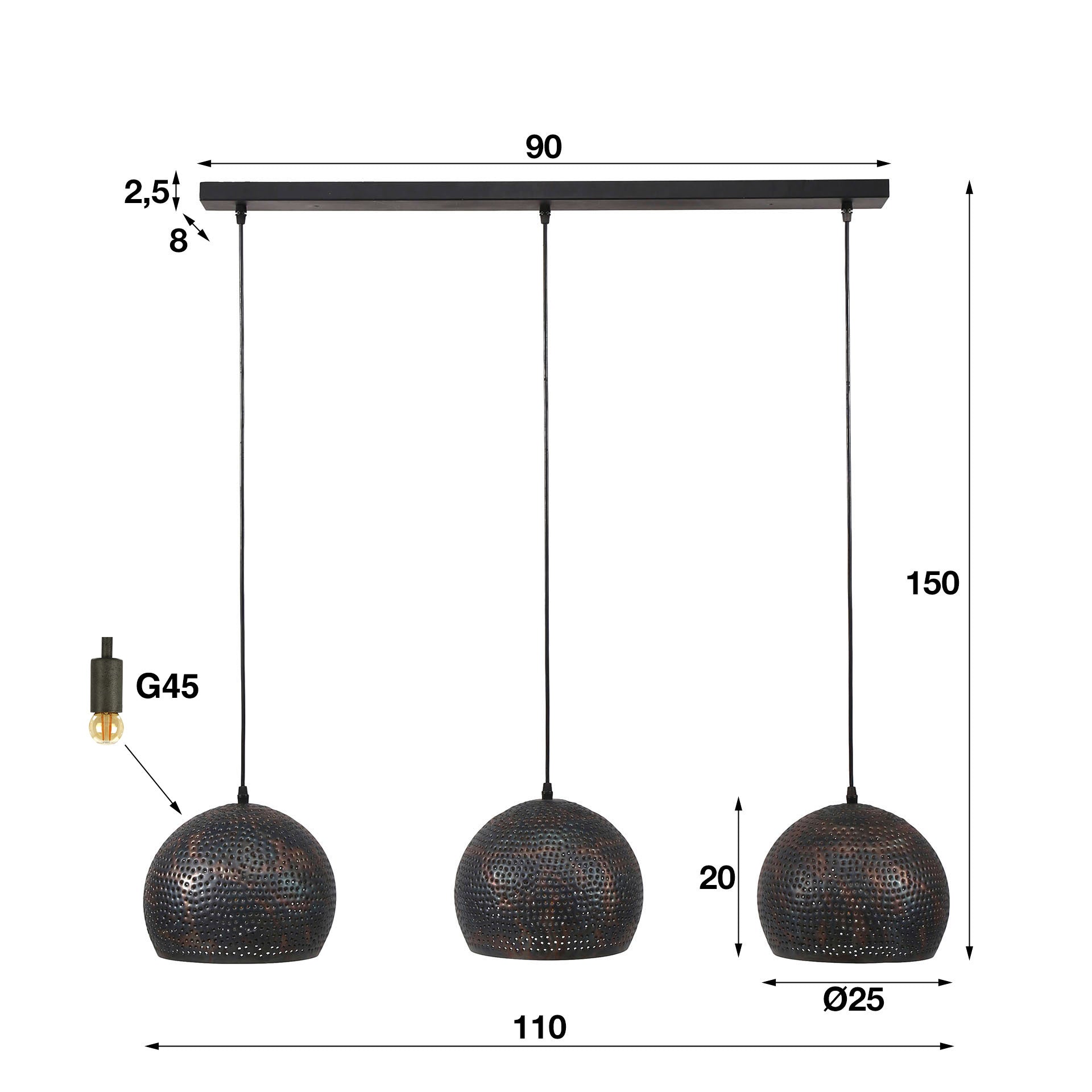 Hanglamp Punch Orb 3-lichts / Zwart bruin – afbeelding 4
