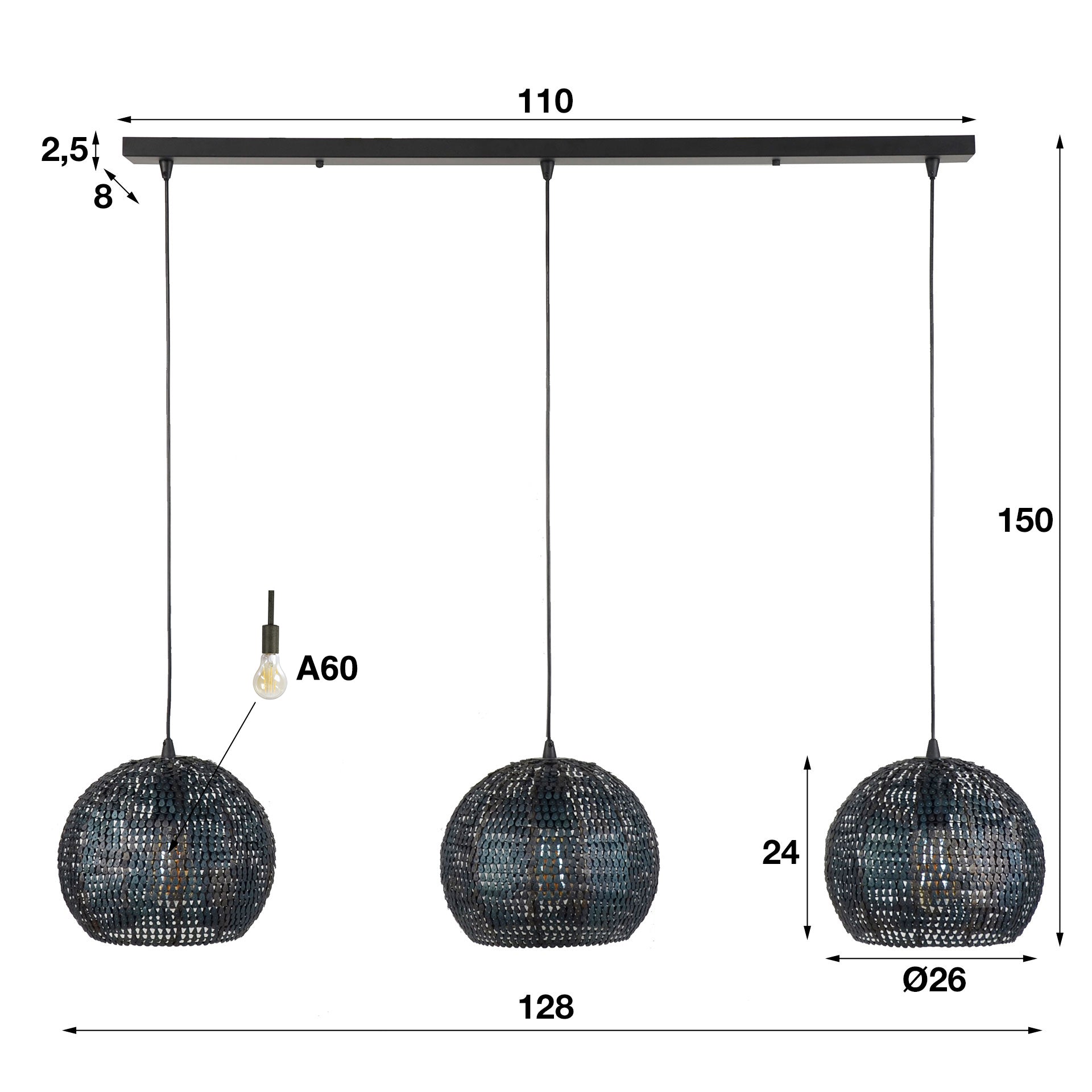 Hanglamp Armor Orb 3-lichts / Zwart bruin – afbeelding 4