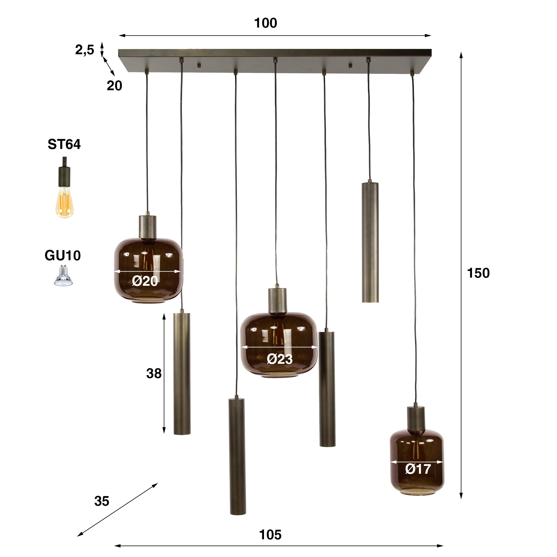 Hanglamp Bronza 4+3-lichts / Sienna bruin – afbeelding 7