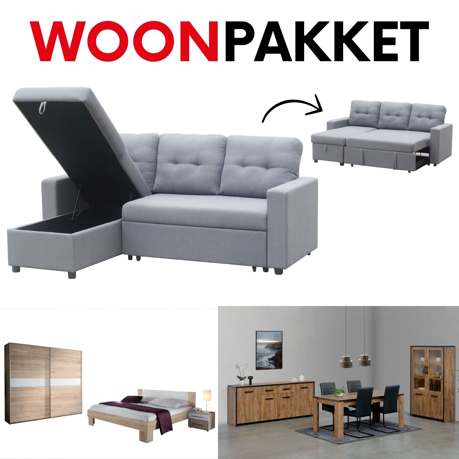Woonpakket budget - hoeksalon - slaapkamerset - eetkamerset