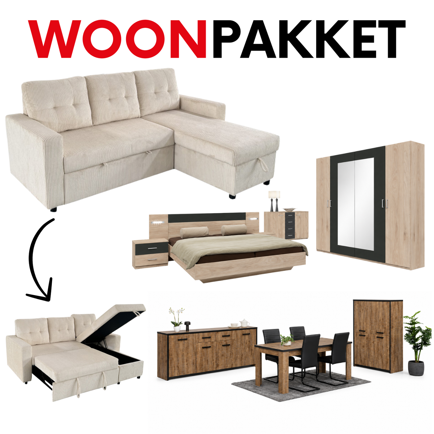 Woonpakket budget - hoeksalon - slaapkamerset - eetkamerset