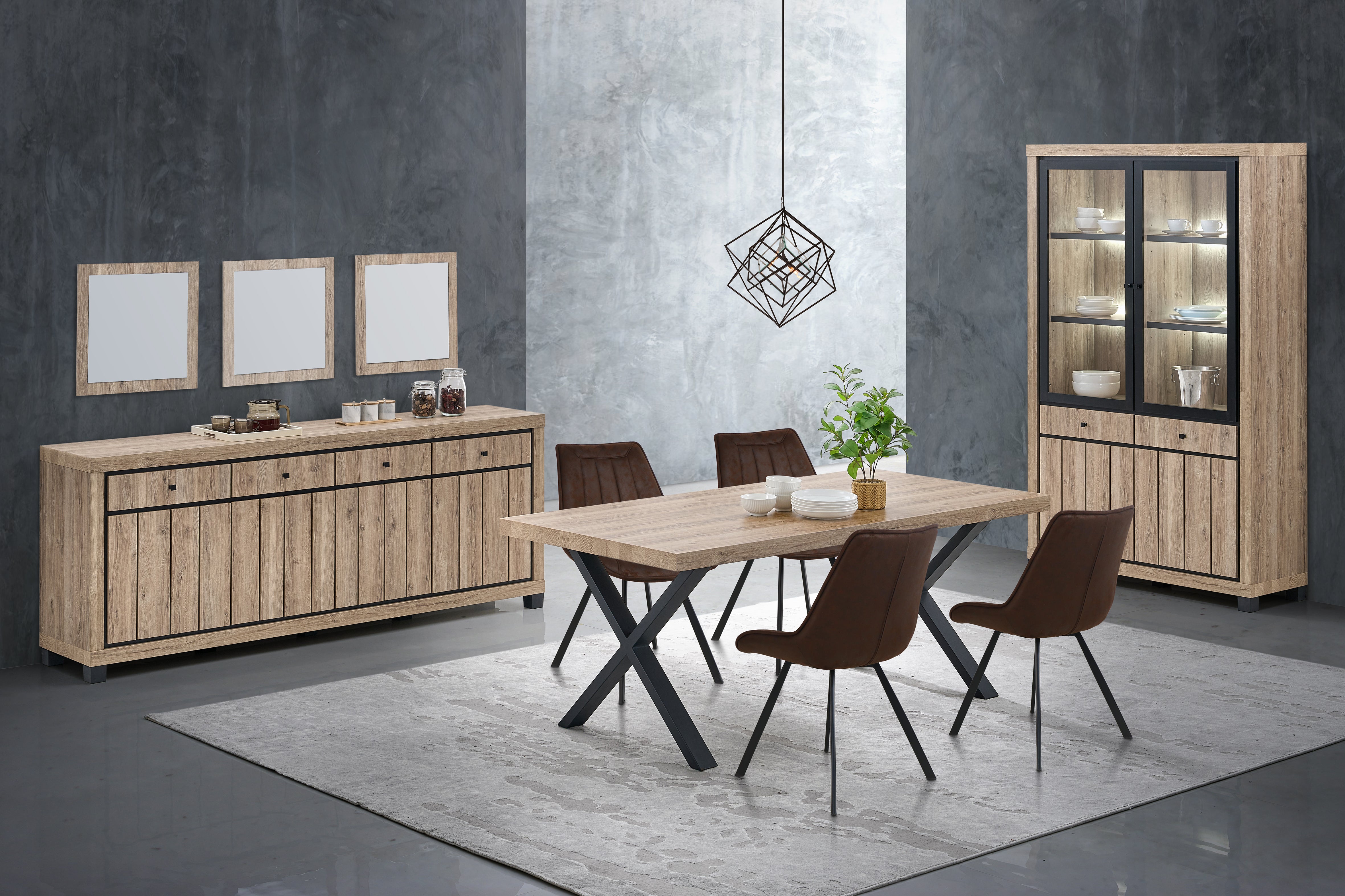 Bernard eetkamerset – dressoir, vitrinekast en eettafel industrieel