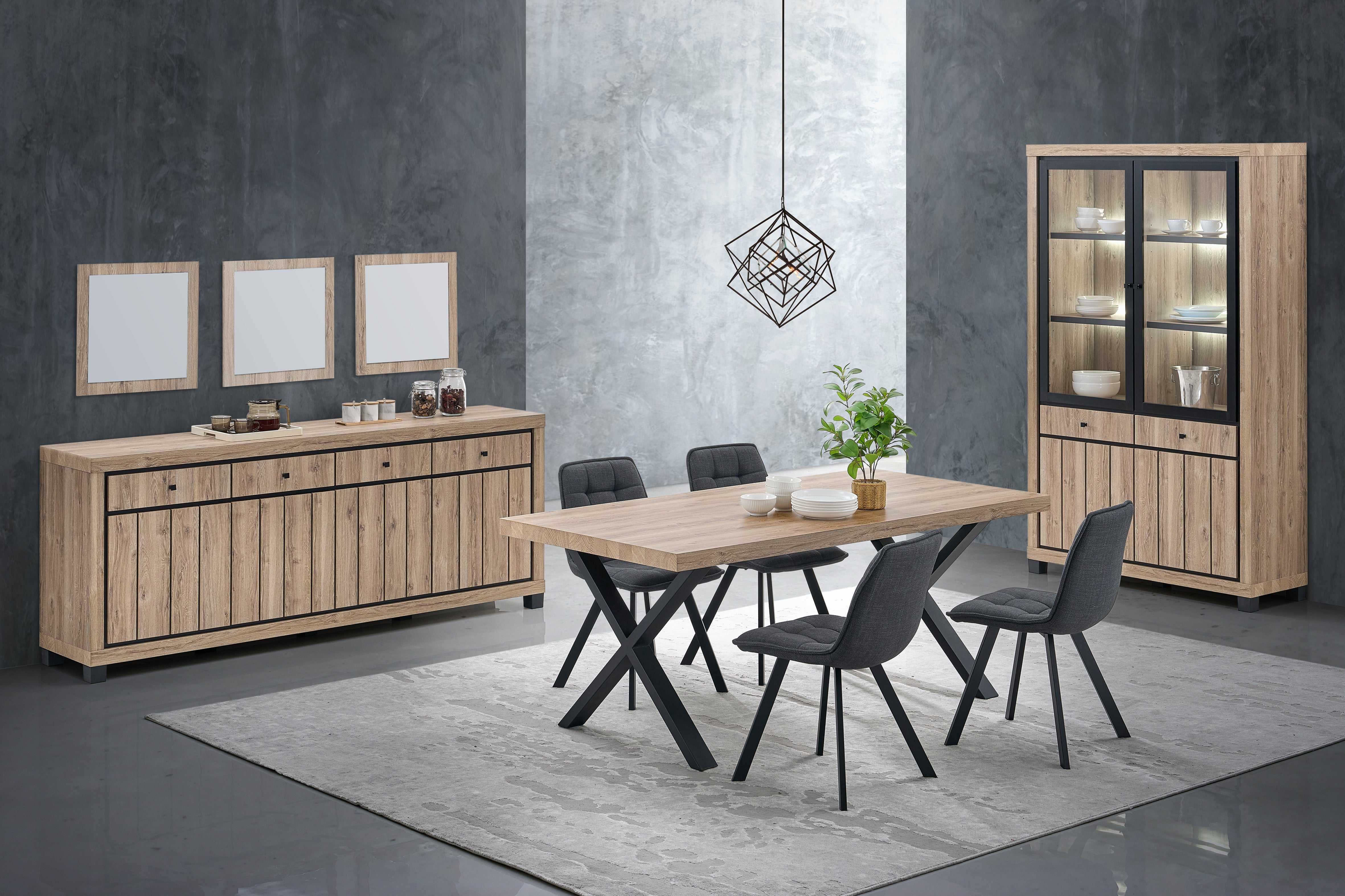 Bernard eetkamerset – dressoir, vitrinekast en eettafel industrieel