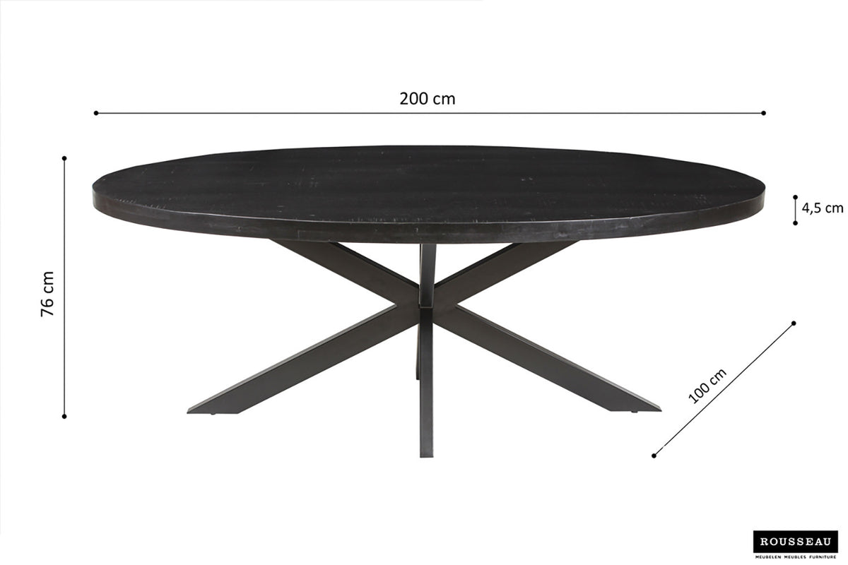 Tafel Alexa 200 cm Ovaal Mango hout zwart – breedte 200 cm, diepte 100 cm en hoogte 76 cm – aanzicht 5