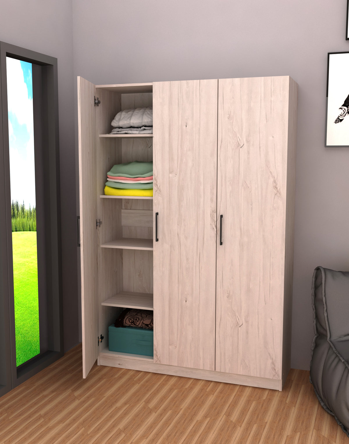 Bergkast white oak – 120 cm – 3 deuren – open met zicht op de binnenindeling