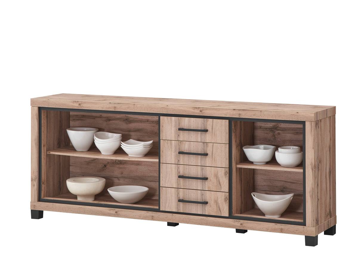 Open dressoir Elegance 225 cm met legplanken en vier centrale laden