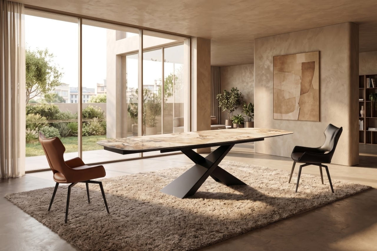Keramische eettafel Largo in Coralia Brown in een modern eetkamerinterieur