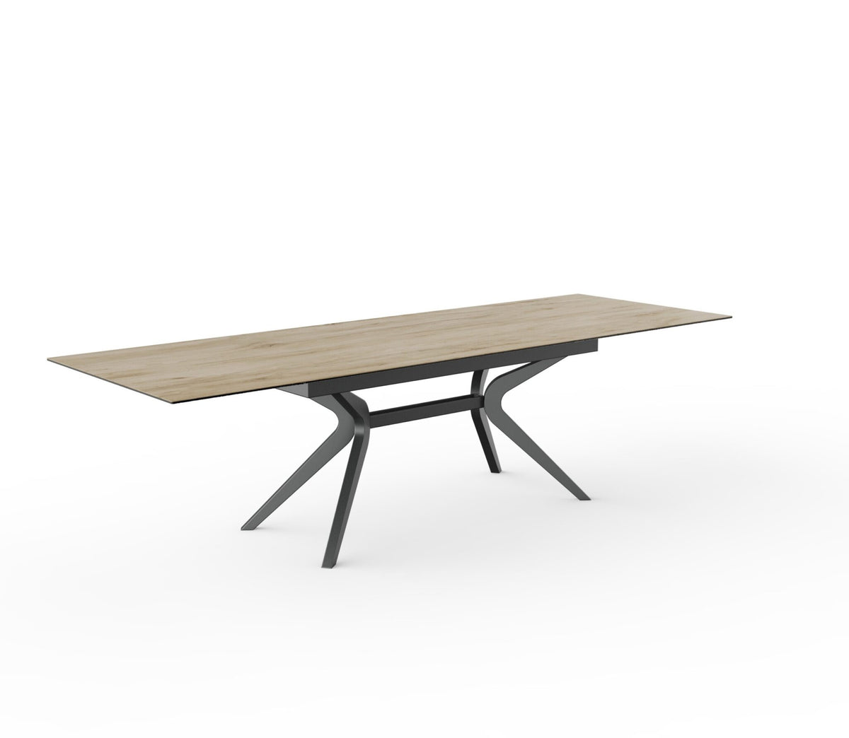 Detail van eettafel Luxe met keramisch blad in houtstructuur natuur