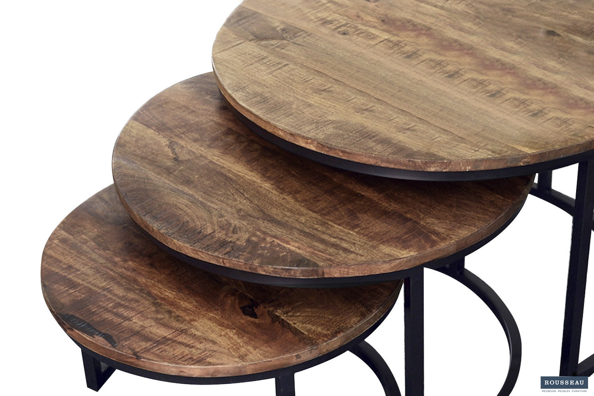 Salontafel Arnod 3-delig Mango hout – breedte 50/60/70 cm, diepte 50/60/70 cm en hoogte 30/38/45 cm – aanzicht 3