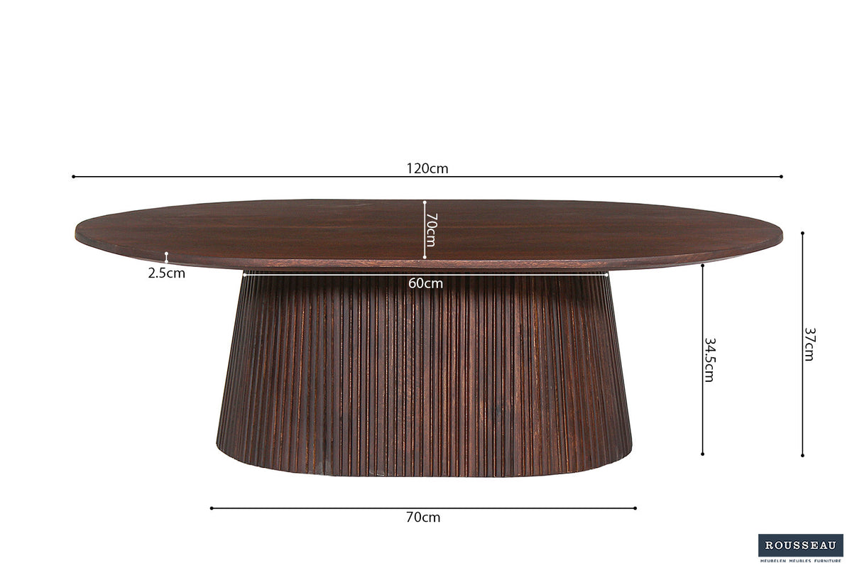 Salontafel Miguel 120 cm Ovaal Mango hout Donkerbruin – breedte 120 cm, diepte 70 cm en hoogte 37 cm – aanzicht 6