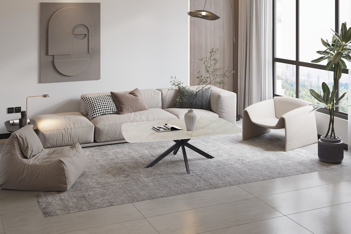Salontafel Apollo 130 cm Deens Ovaal Glanzend Steen Beige – breedte 130 cm, diepte 70 cm en hoogte 45 cm – aanzicht 2