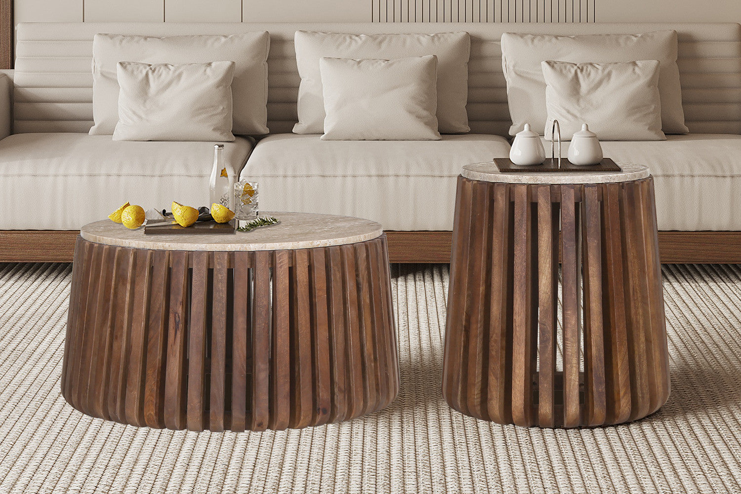 Salontafel 'Luuk' 70 cm Rond Mango hout met Travertin Beige - afbeelding 2