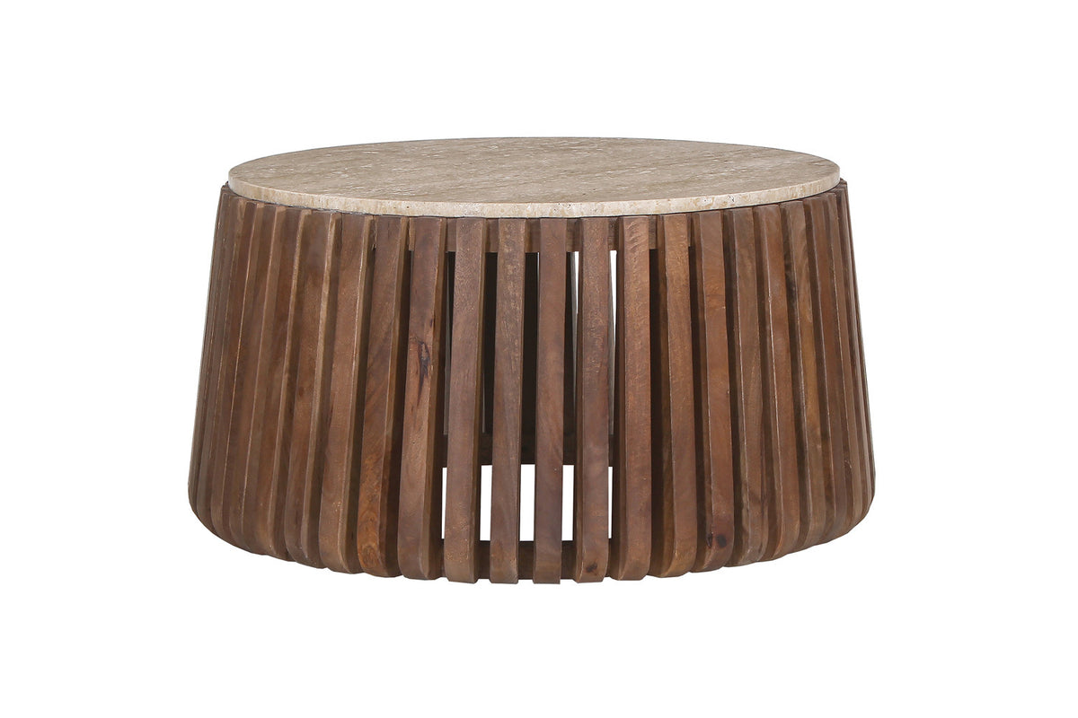 Salontafel Luuk 70 cm Rond Mango hout met Travertin Beige – breedte 70 cm, diepte 70 cm en hoogte 40 cm – aanzicht 4