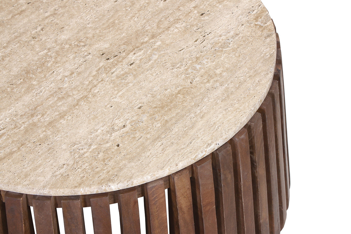 Salontafel Luuk 70 cm Rond Mango hout met Travertin Beige – breedte 70 cm, diepte 70 cm en hoogte 40 cm – aanzicht 5