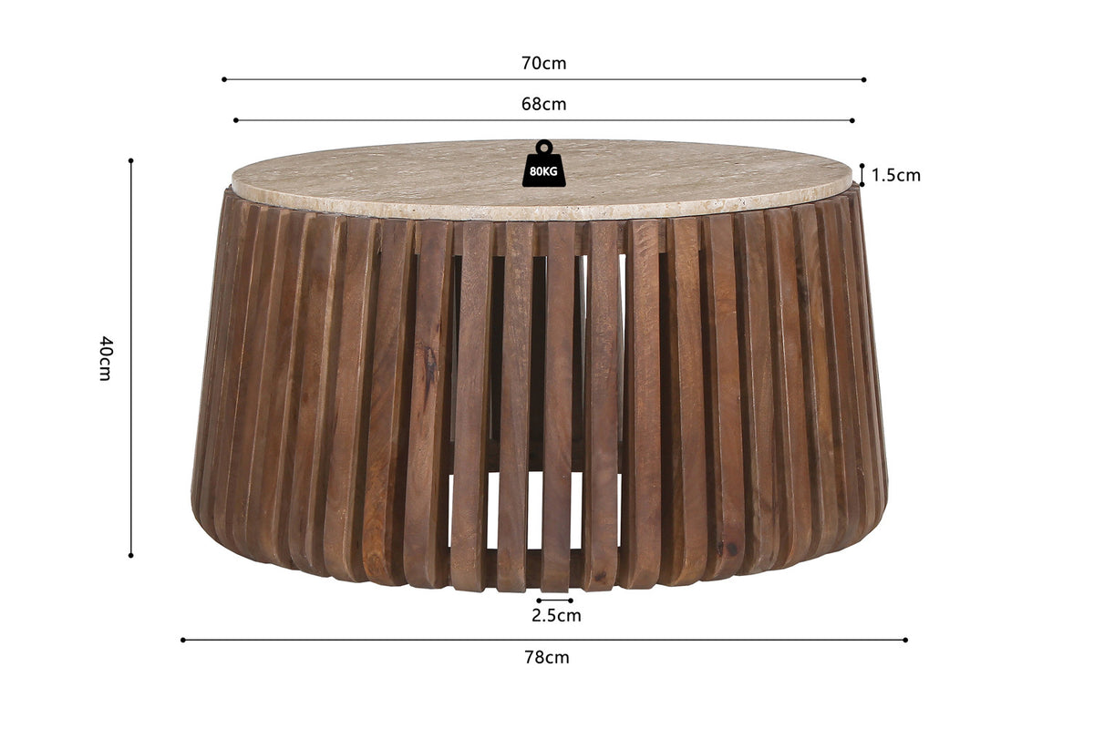 Salontafel Luuk 70 cm Rond Mango hout met Travertin Beige – breedte 70 cm, diepte 70 cm en hoogte 40 cm – aanzicht 6