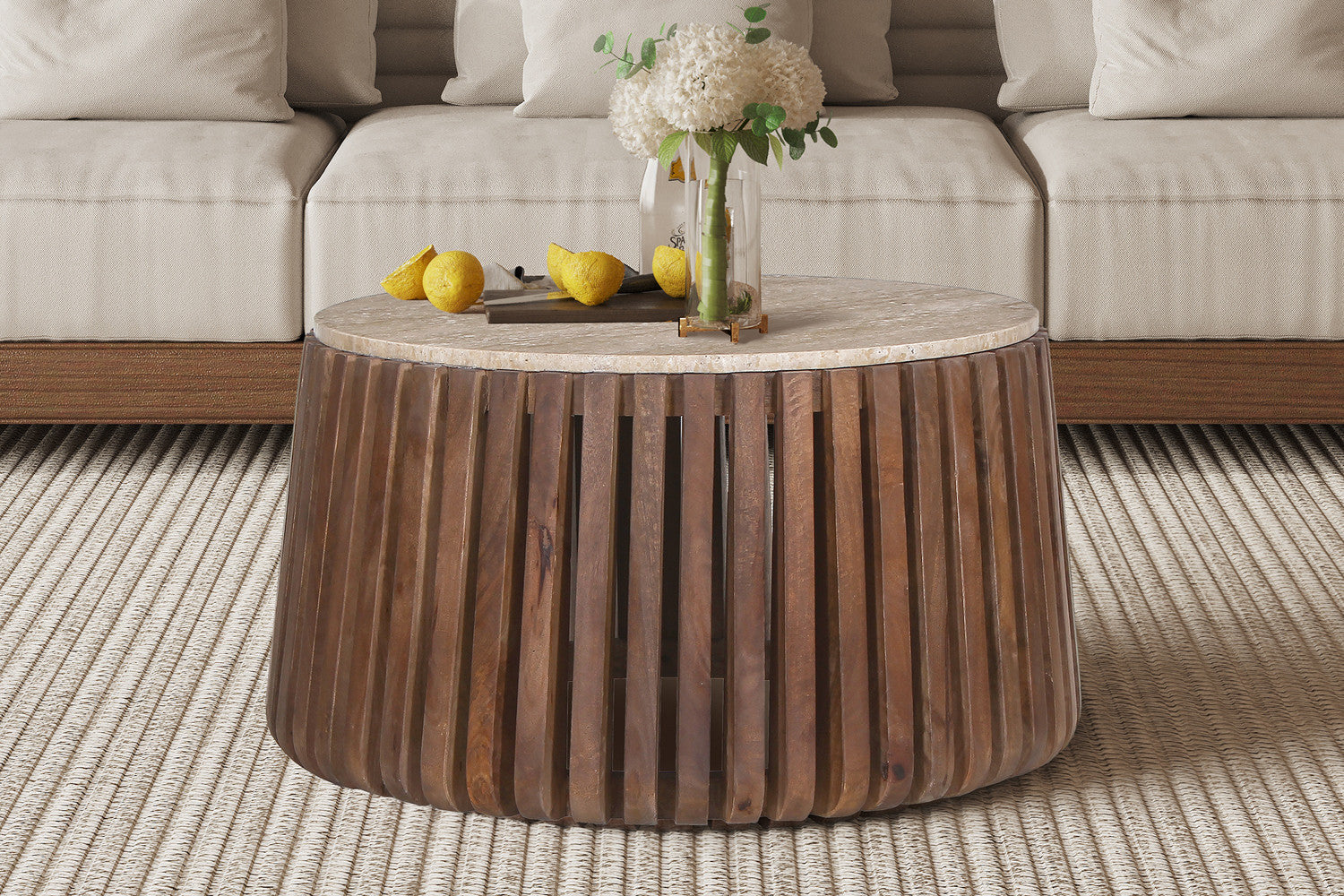 Salontafel 'Luuk' 70 cm Rond Mango hout met Travertin Beige – Rousseau 3401