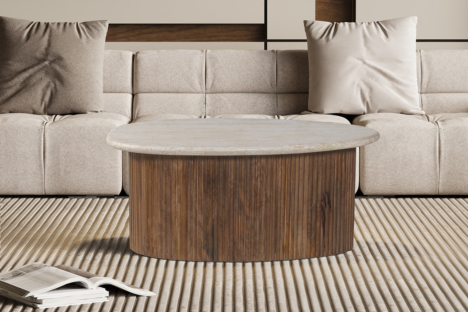 Salontafel 'Louis' 90 cm Mango hout met Travertin Beige – Rousseau 3403
