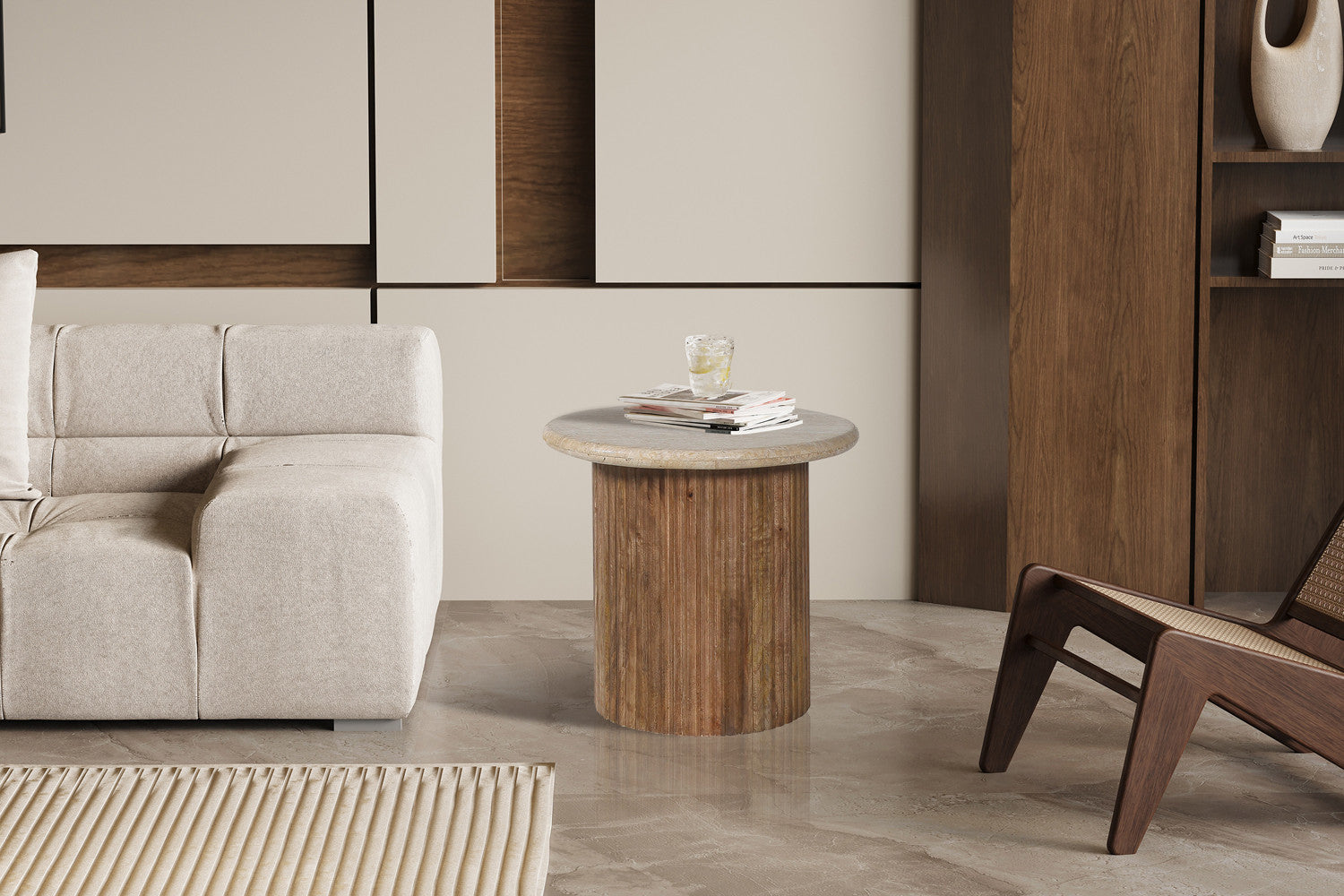 Bijzettafel 'Louis' 50 cm Mango hout met Travertin Beige - afbeelding 2