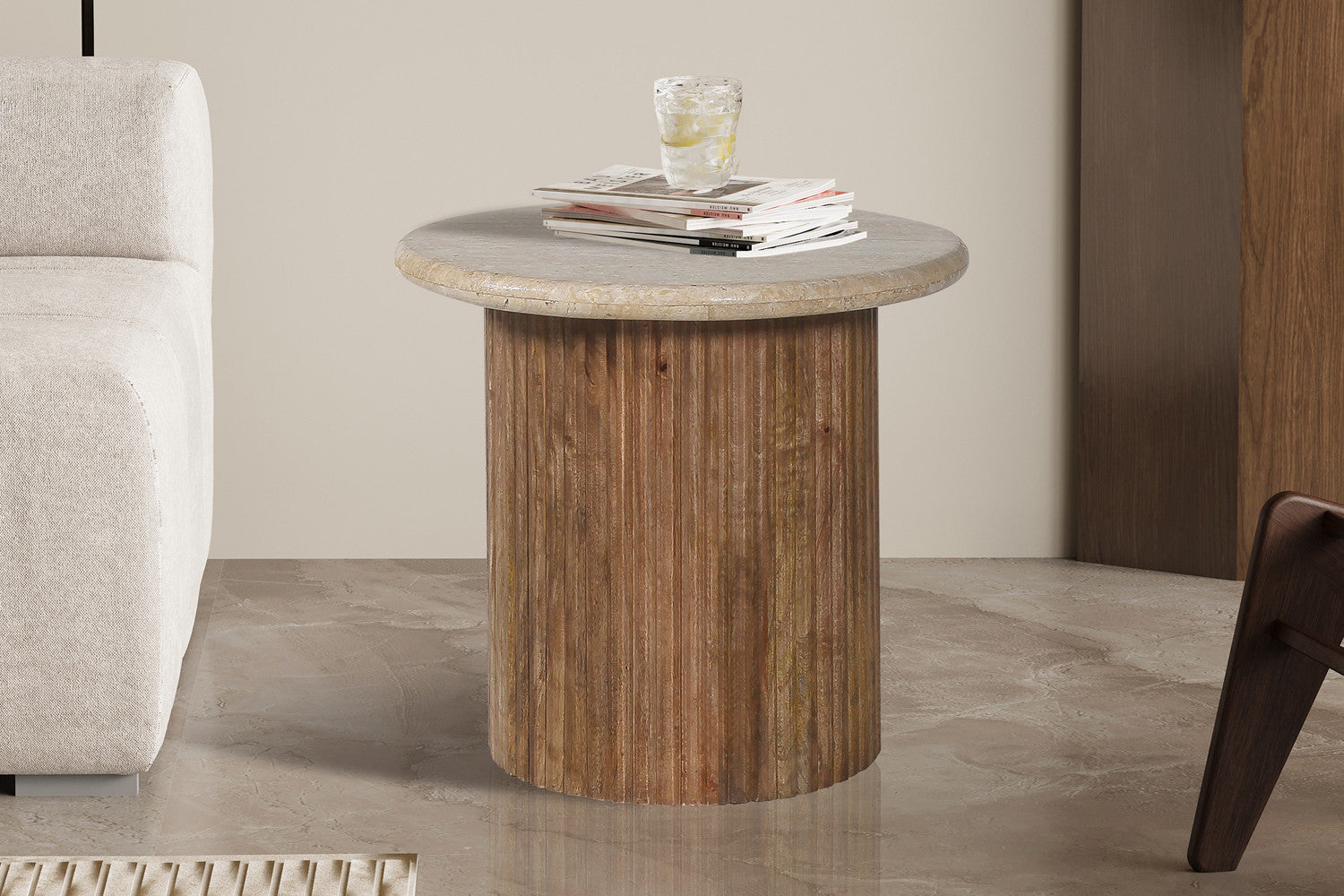Bijzettafel 'Louis' 50 cm Mango hout met Travertin Beige – Rousseau 3404