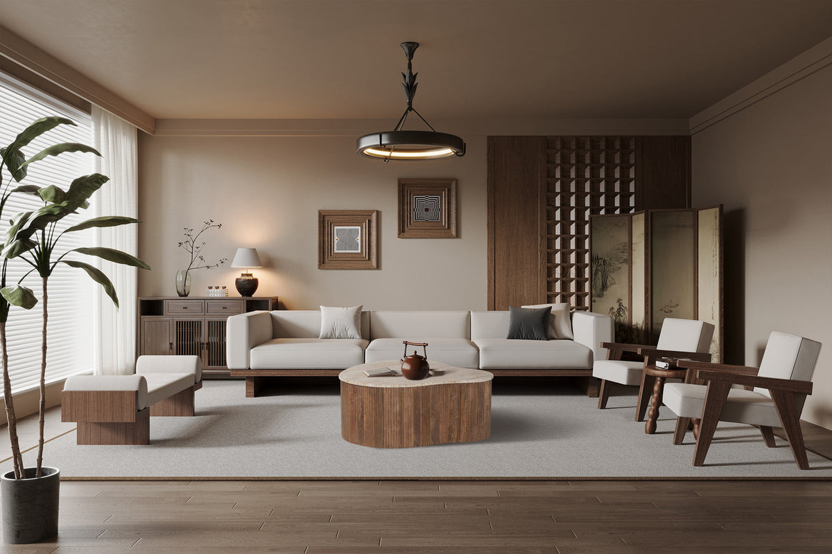 Salontafel Paul 83 cm Mango hout met Travertin Beige – breedte 83 cm, diepte 72 cm en hoogte 34 cm – aanzicht 2