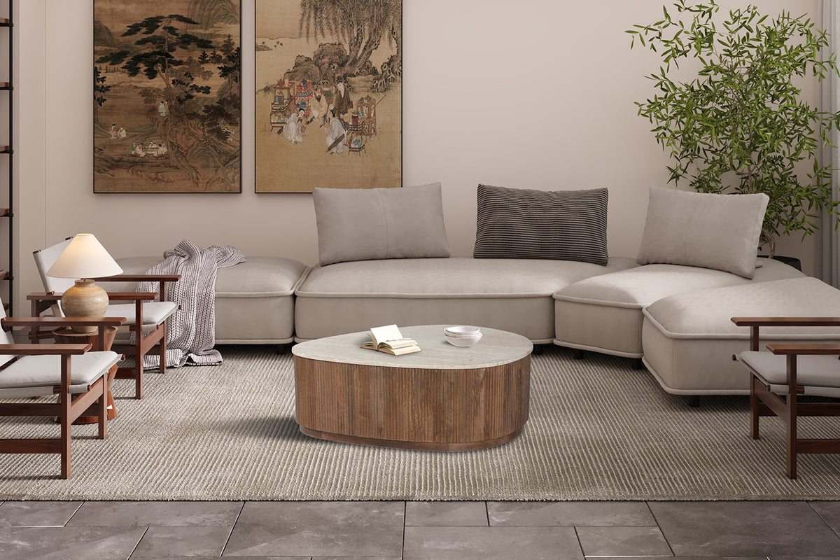 Salontafel Nolan 100 cm Mango hout met Travertin Beige – breedte 100 cm, diepte 80 cm en hoogte 35 cm – aanzicht 2