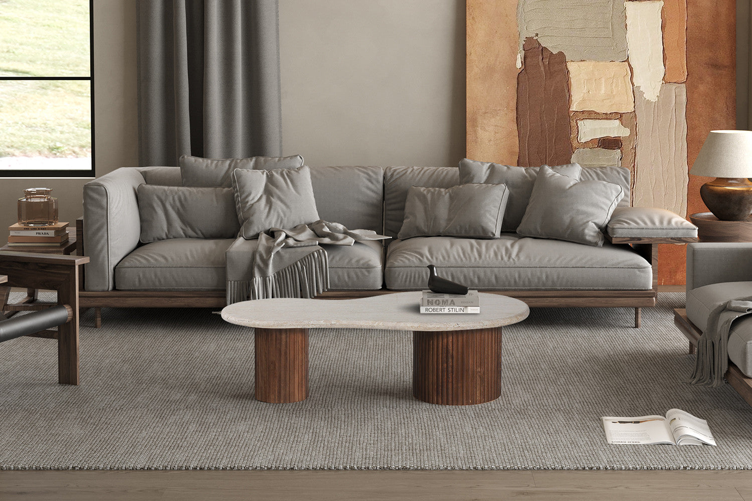 Salontafel 'Marlon' 120 cm Mango hout met Travertin Beige - afbeelding 2
