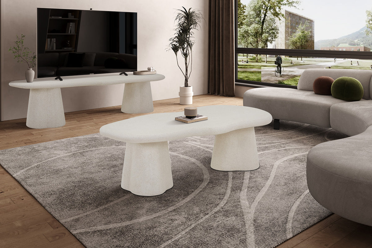 Salontafel Faro 130 cm Organisch Cement – breedte 129.5 cm, diepte 69.5 cm en hoogte 40 cm – aanzicht 3