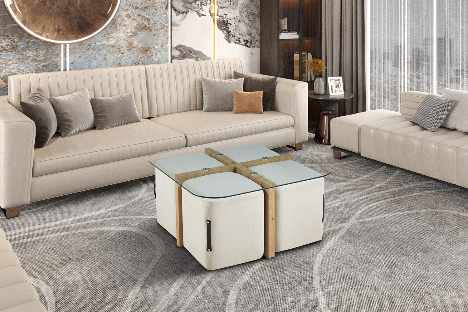 Salontafel 'Shana' met 4 poefs stof Decor Oude eik - afbeelding 2