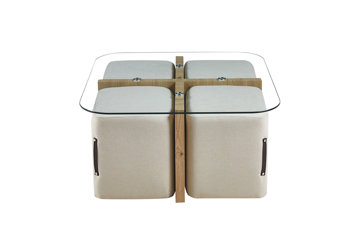Salontafel Shana met 4 poefs stof Decor Oude eik – breedte 90 cm, diepte 90 cm en hoogte 45 cm – aanzicht 3