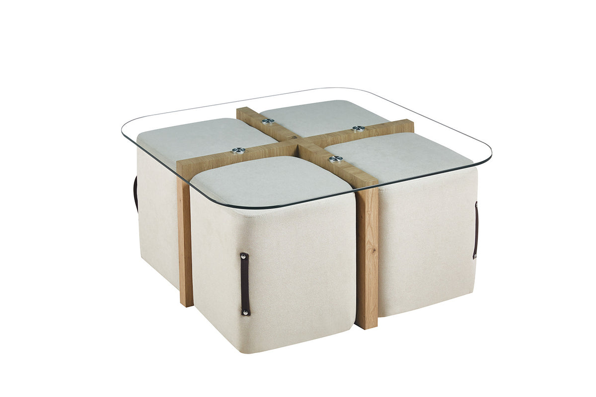 Salontafel Shana met 4 poefs stof Decor Oude eik – breedte 90 cm, diepte 90 cm en hoogte 45 cm – aanzicht 4