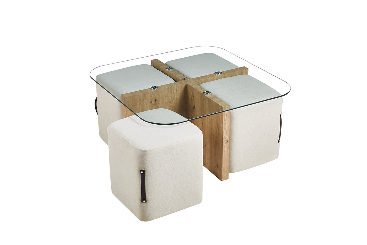 Salontafel Shana met 4 poefs stof Decor Oude eik – breedte 90 cm, diepte 90 cm en hoogte 45 cm – aanzicht 5