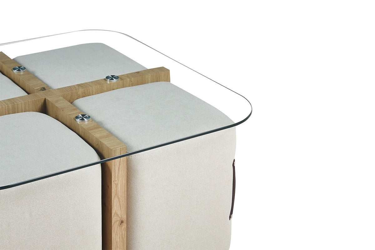 Salontafel Shana met 4 poefs stof Decor Oude eik – breedte 90 cm, diepte 90 cm en hoogte 45 cm – aanzicht 6