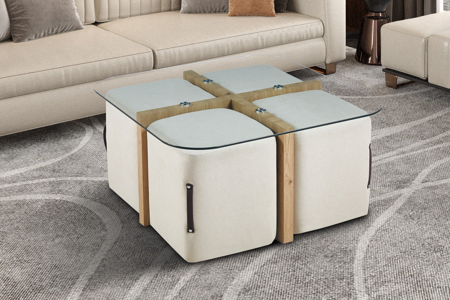 Salontafel 'Shana' met 4 poefs stof Decor Oude eik – Rousseau 5101-1