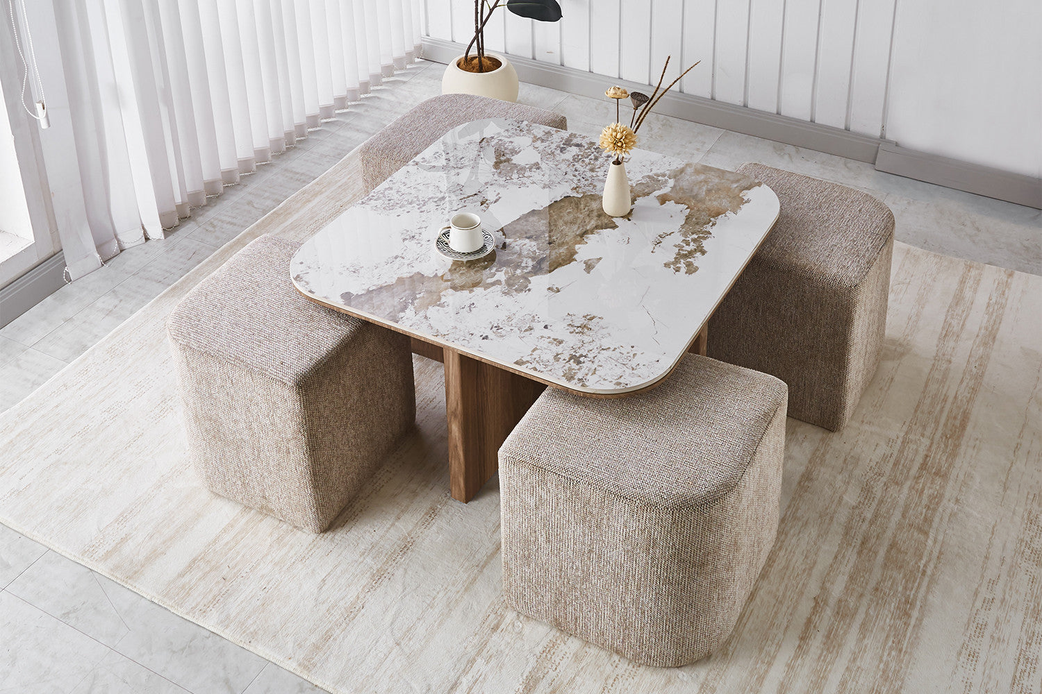 NEW - Salontafel 'Evora' met 4 poefs stof Glanzend Steen Pandora - afbeelding 2
