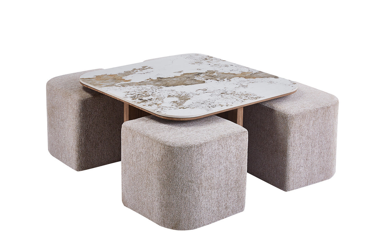 Salontafel Evora met 4 poefs stof Glanzend Steen Pandora – breedte 80 cm, diepte 45 cm en hoogte 80 cm – aanzicht 3