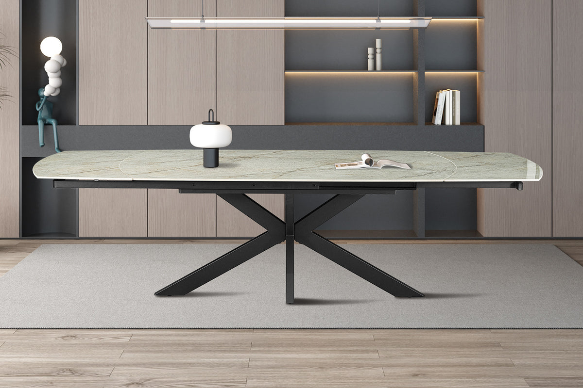 Uitschuifbare tafel Ares 160-240 cm Deens Ovaal Glanzend Steen Beige – breedte 160-240 cm, diepte 90 cm en hoogte 77-74.5 cm – aanzicht 2