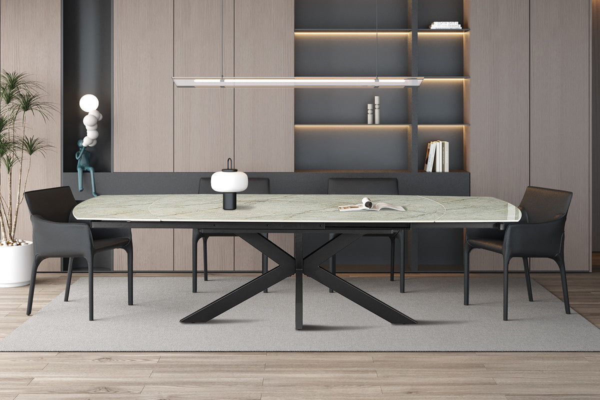 Uitschuifbare tafel Ares 160-240 cm Deens Ovaal Glanzend Steen Beige – breedte 160-240 cm, diepte 90 cm en hoogte 77-74.5 cm – aanzicht 3
