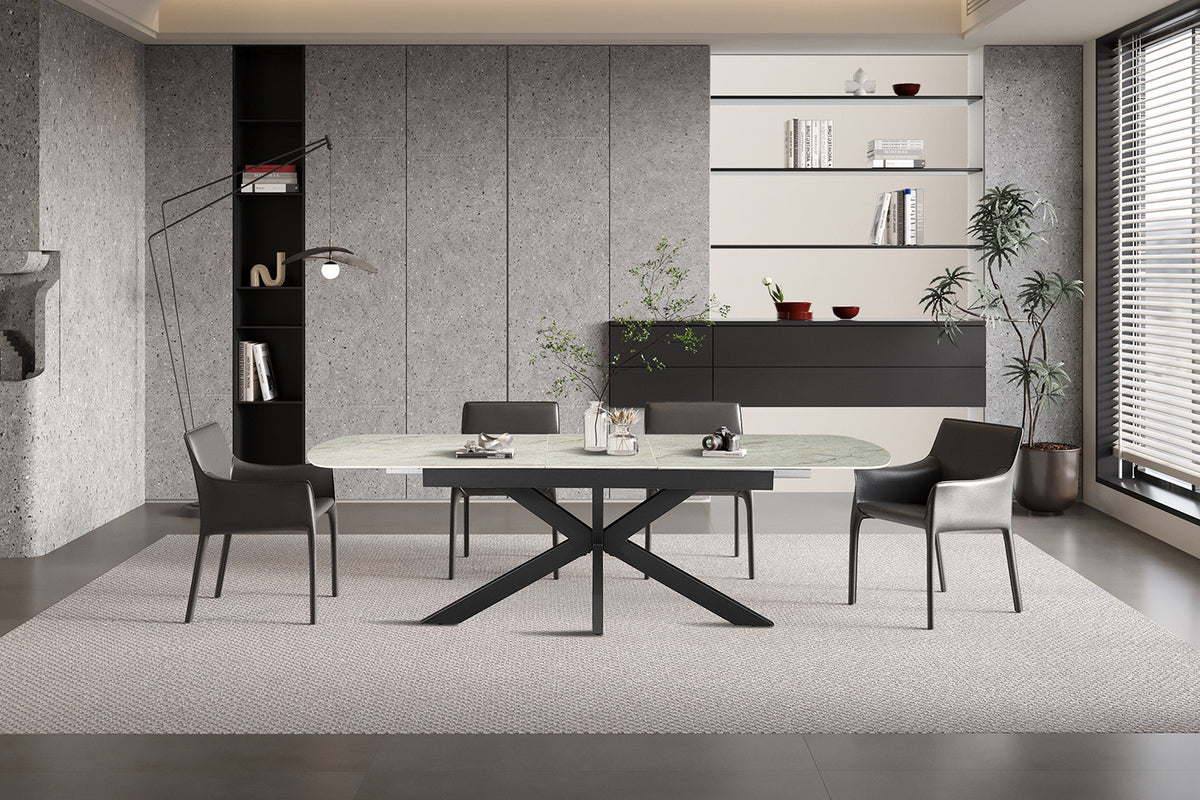 Uitschuifbare tafel Hestia 180-220 cm Deens Ovaal Glanz. Steen Beige – breedte 180-220 cm, diepte 90 cm en hoogte 76 cm – aanzicht 2