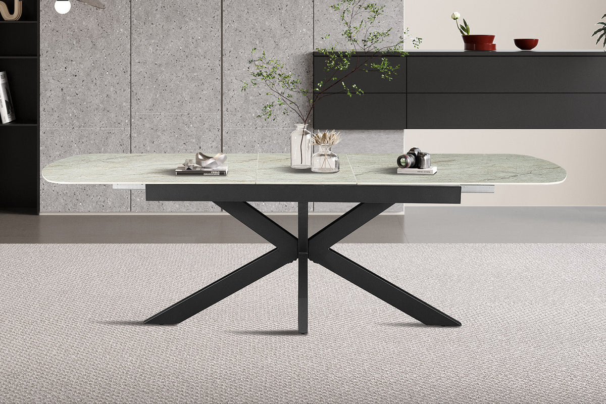 Uitschuifbare tafel Hestia 180-220 cm Deens Ovaal Glanz. Steen Beige – breedte 180-220 cm, diepte 90 cm en hoogte 76 cm – aanzicht 3