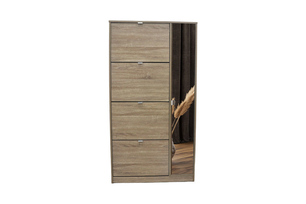Schoenenkast Marcel 4 laden en 1 spiegeldeur Decor Sonoma – breedte 85 cm, diepte 24 cm en hoogte 159 cm – aanzicht 3