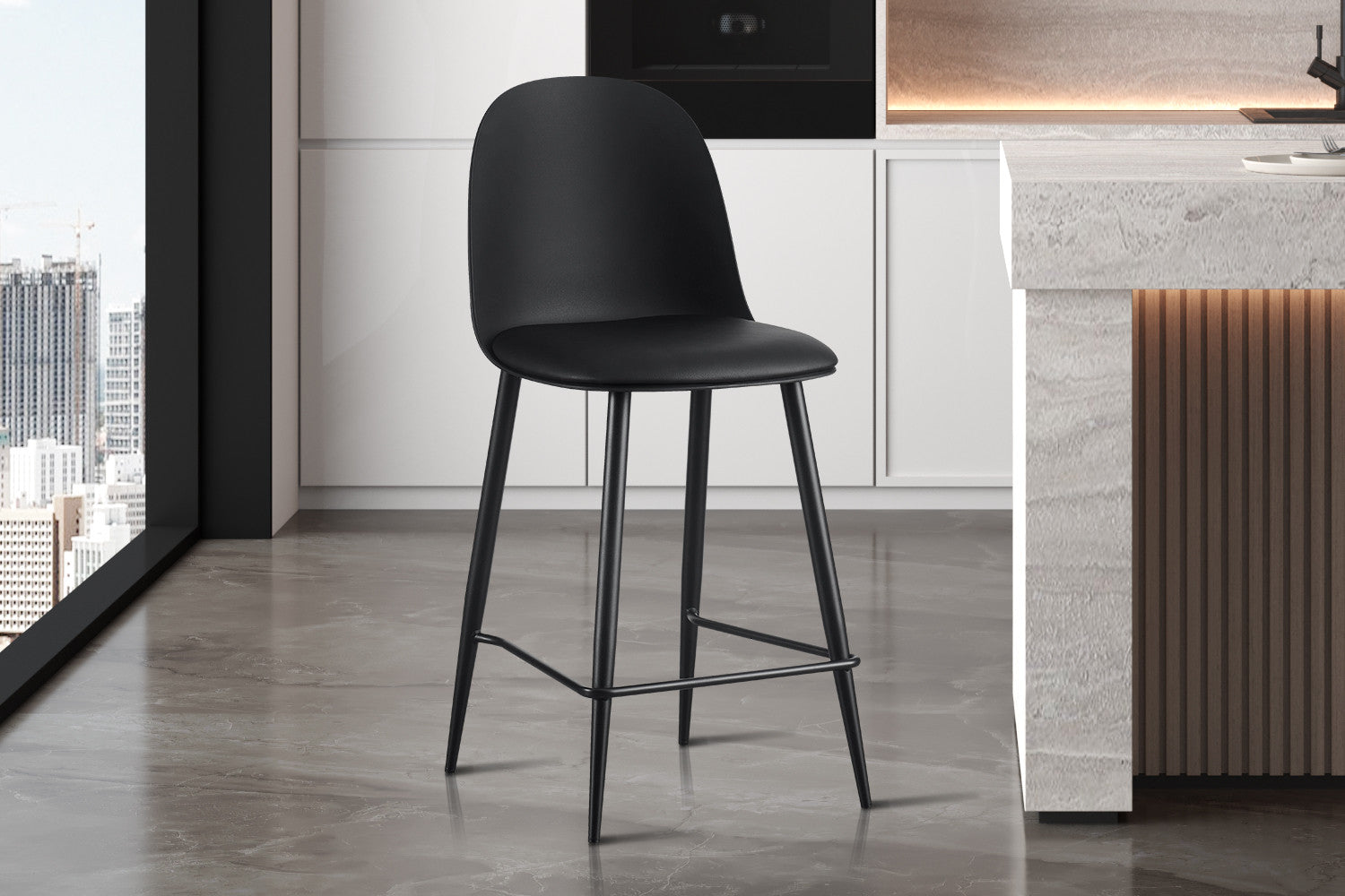 NEW - Counterstoel 'Jasmin' Zitting PP kussen PU Zwart - afbeelding 2