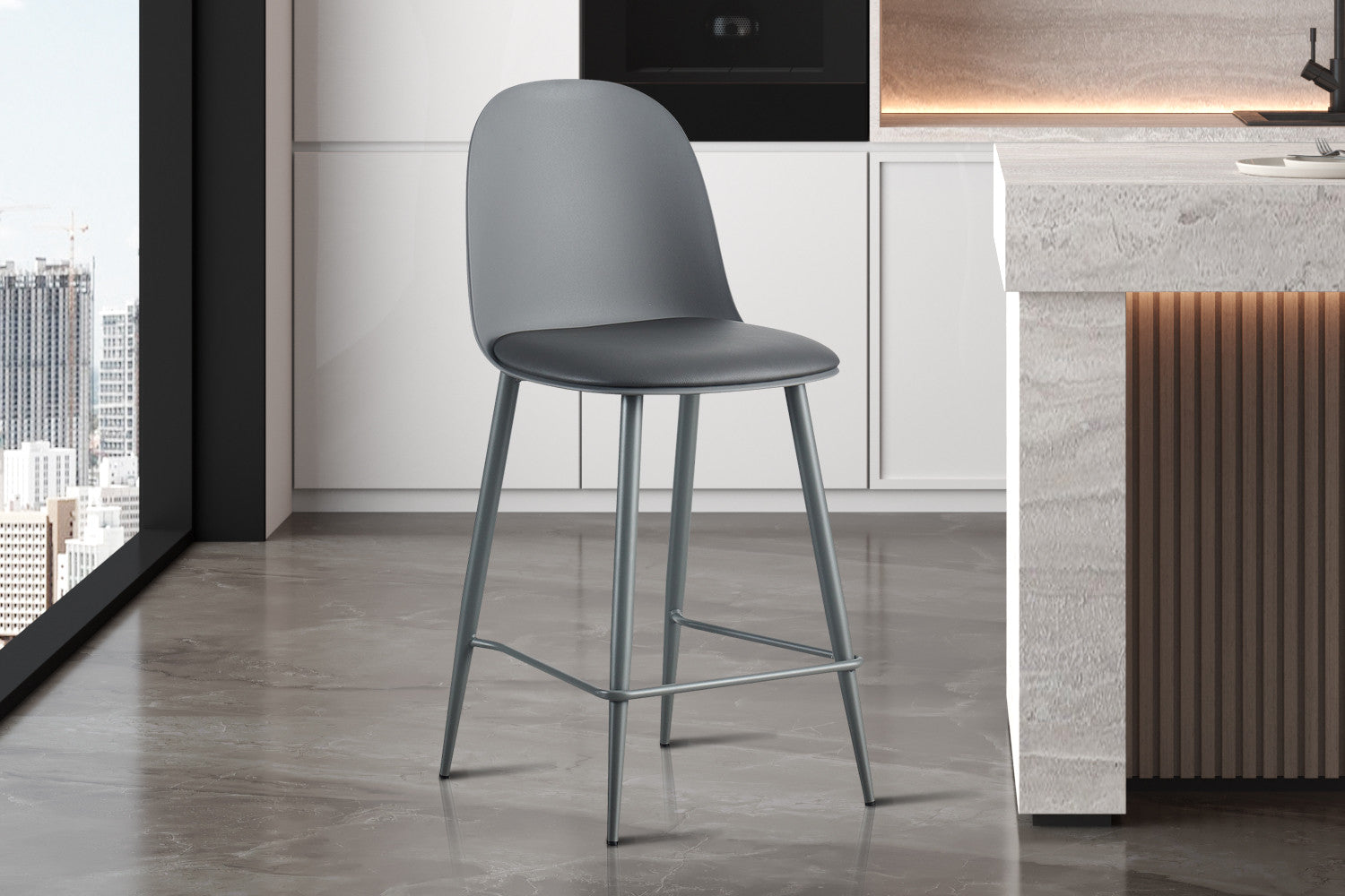 NEW - Counterstoel 'Jasmin' Zitting PP kussen PU Grijs - afbeelding 2