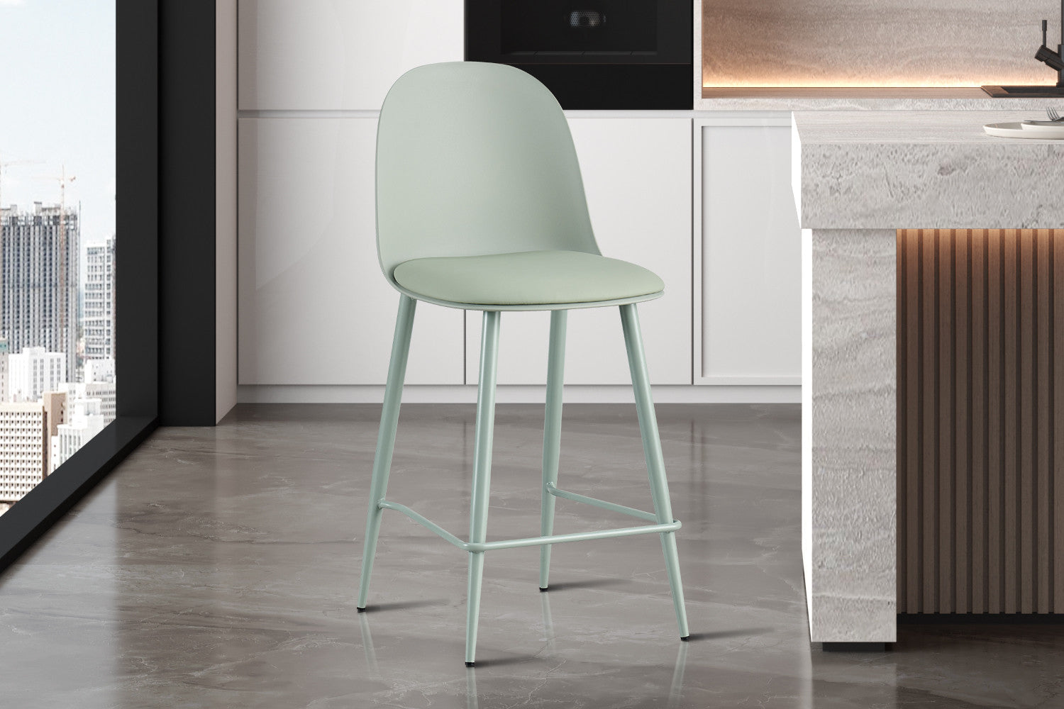 NEW - Counterstoel 'Jasmin' Zitting PP kussen PU Grijs-groen - afbeelding 2