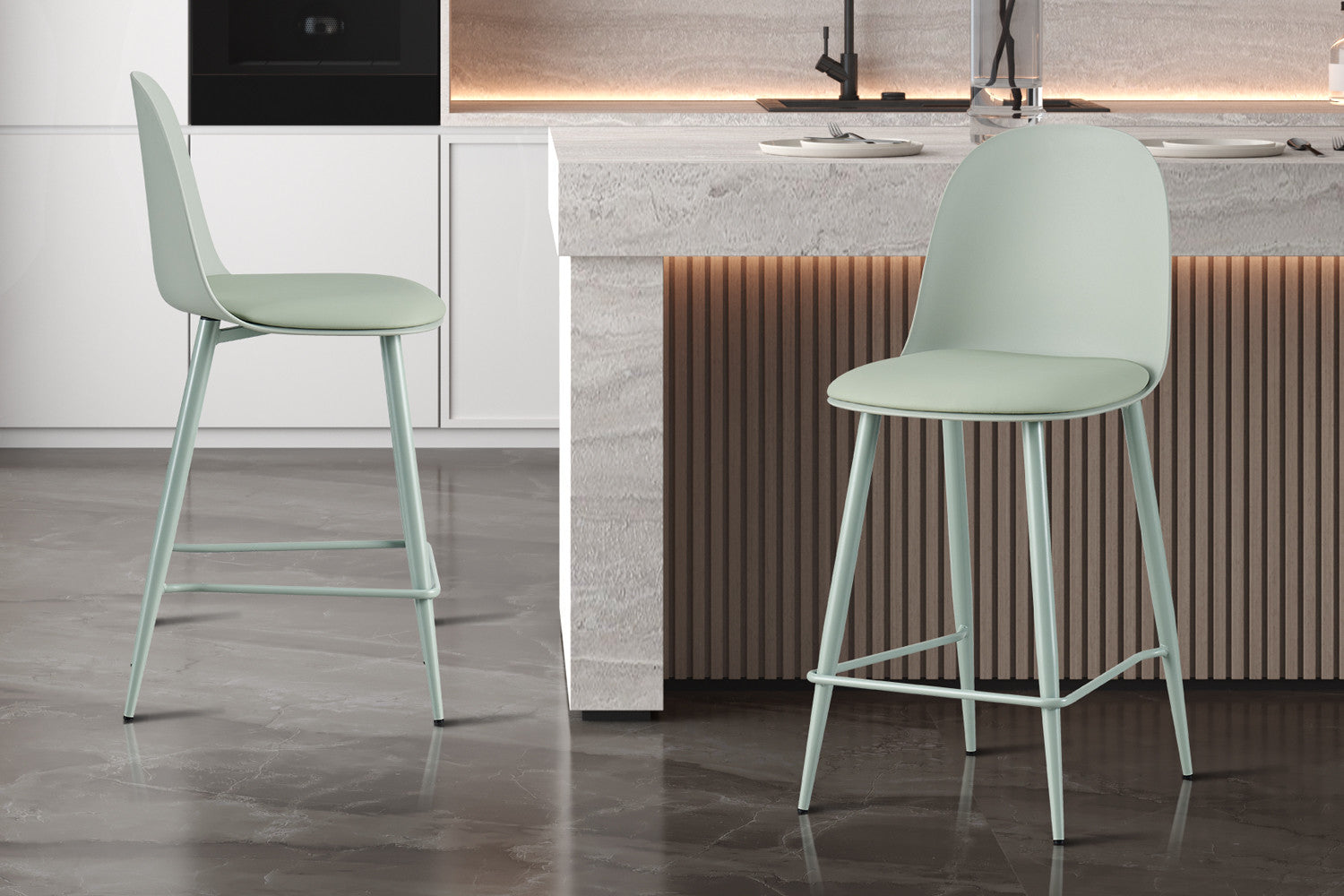 NEW - Counterstoel 'Jasmin' Zitting PP kussen PU Grijs-groen – Rousseau 5670-5